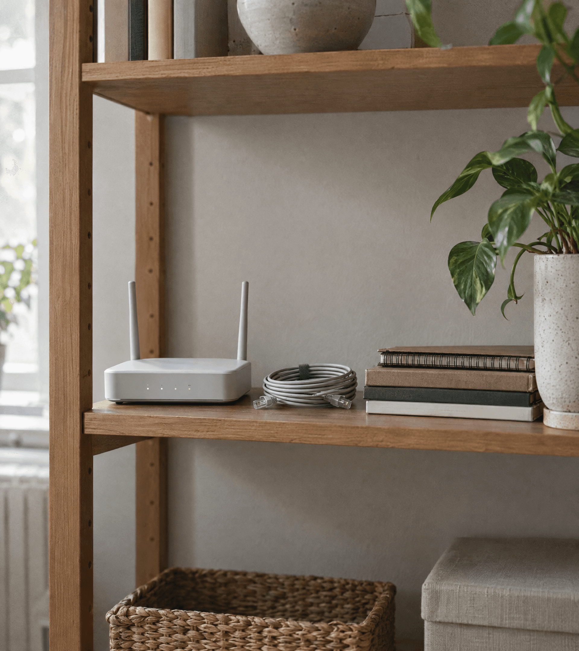 A wooden shelf with a small router, coiled cables, notebooks and a plant
