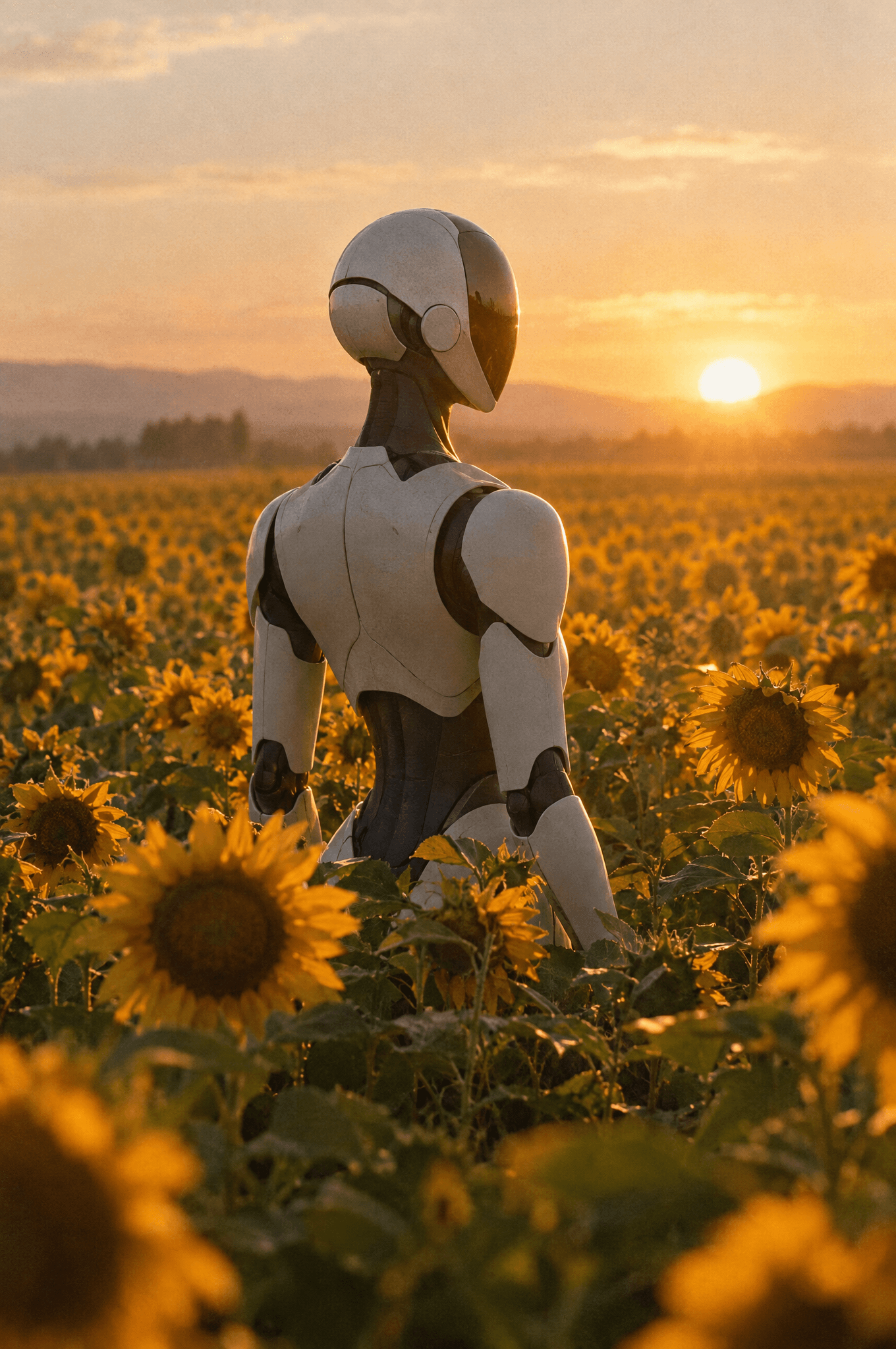 A white and graphite humanoid robot in a sunflower field at golden hour
